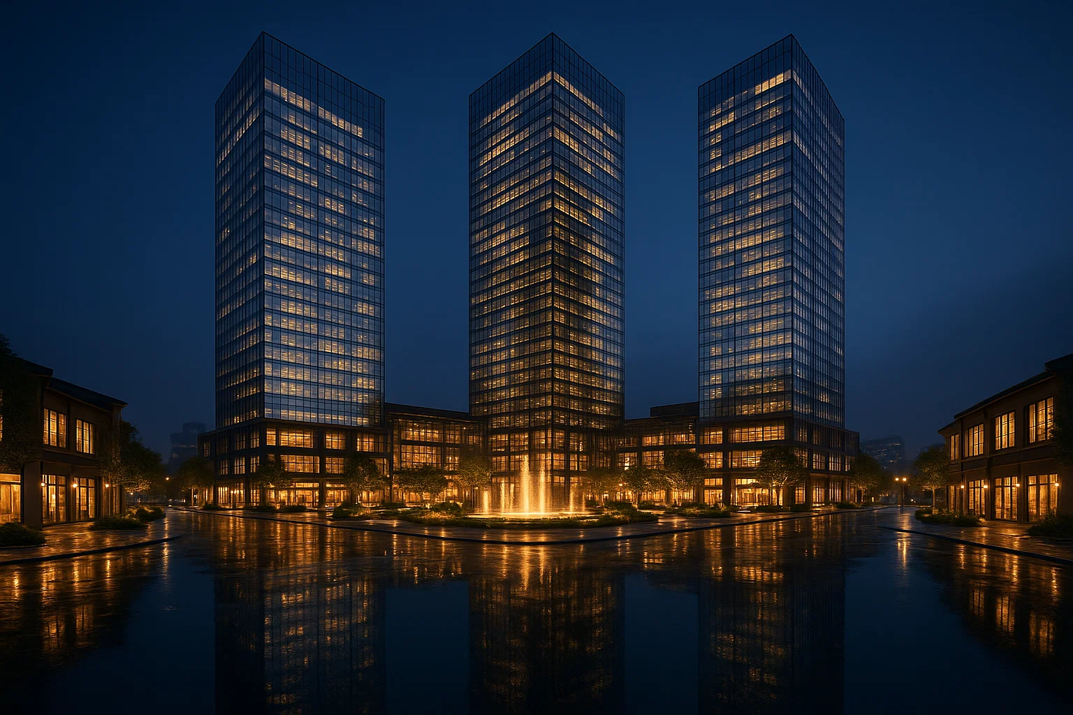 Phối cảnh đêm của chung cư Night Square Hải Phòng với 3 tòa tháp và quảng trường trung tâm rực rỡ.